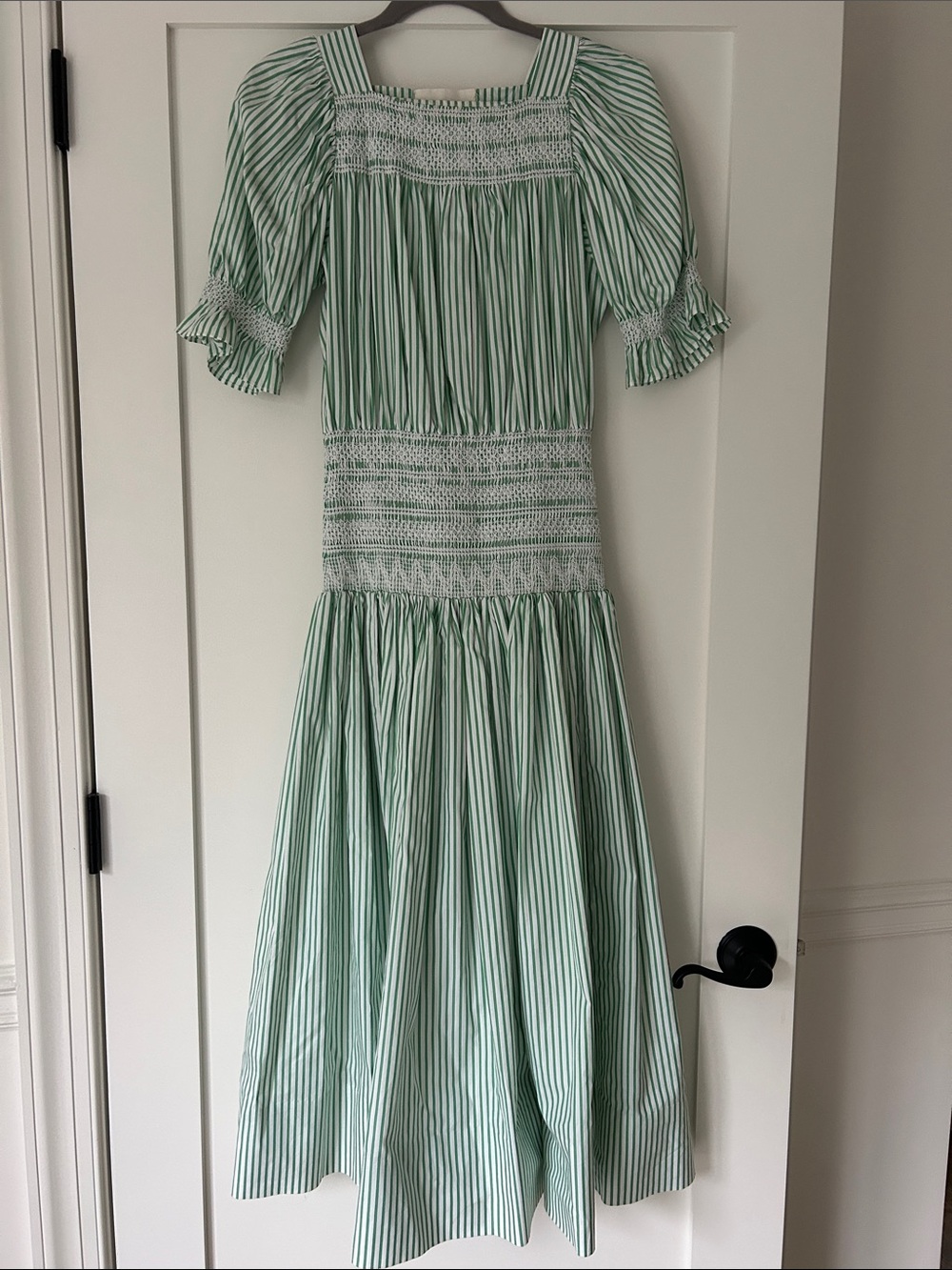 Loeffler Randall Smocked Square-Neck Maxi Dress in Mint Green Stripe